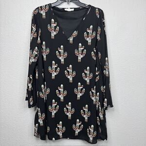 Paris to Tina Black Cactus Flowy Peasant Mini Dress Bell Sleeve Medium Boho USA